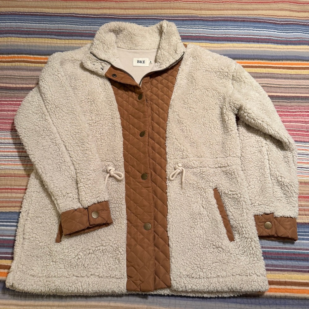 BKE Womens Cream‎ Sherpa Faux Fur Quilted Utility Jacket Brown Drawstring Medium